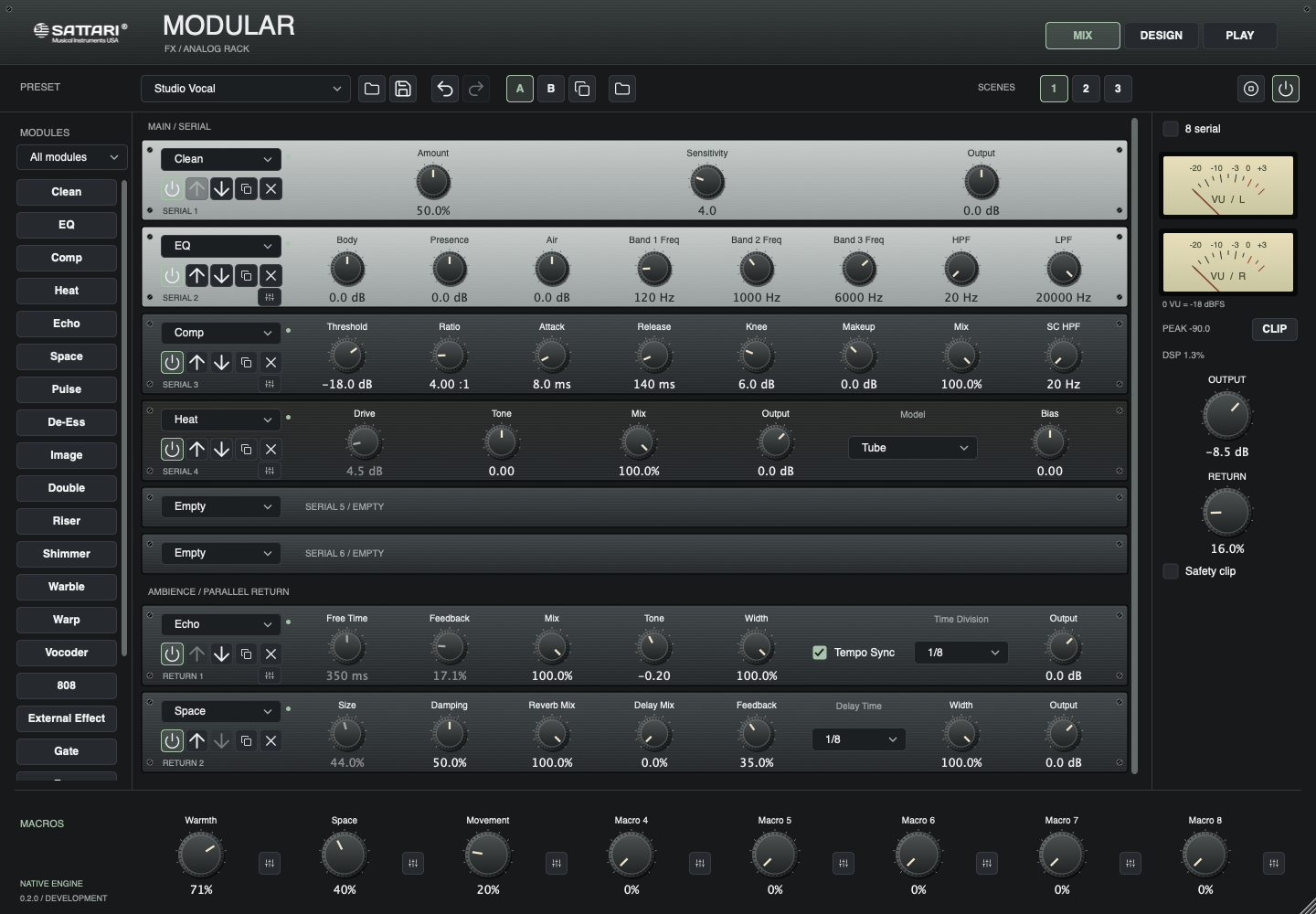 Sattari Modular FX native interface, with Clean, EQ, Comp and Heat in the main rack, Echo and Space on the return, eight macros and stereo VU meters.