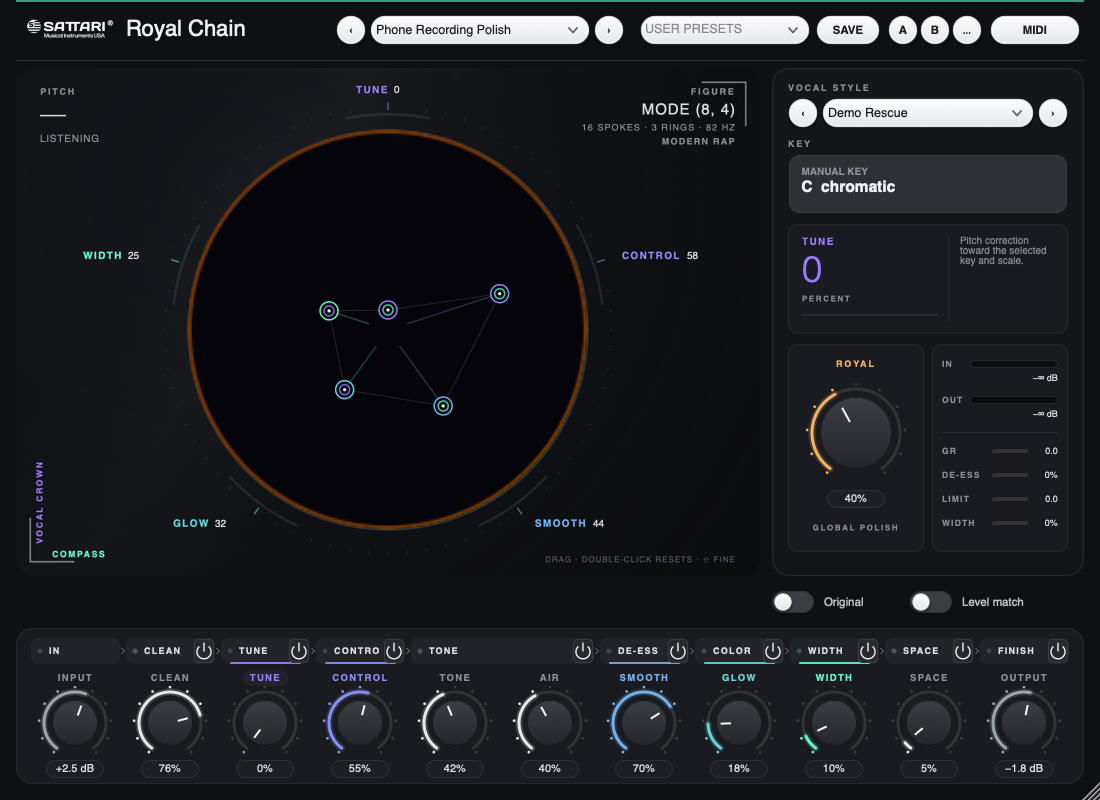 Royal Chain with nine stage bypasses, Original audition and level matching