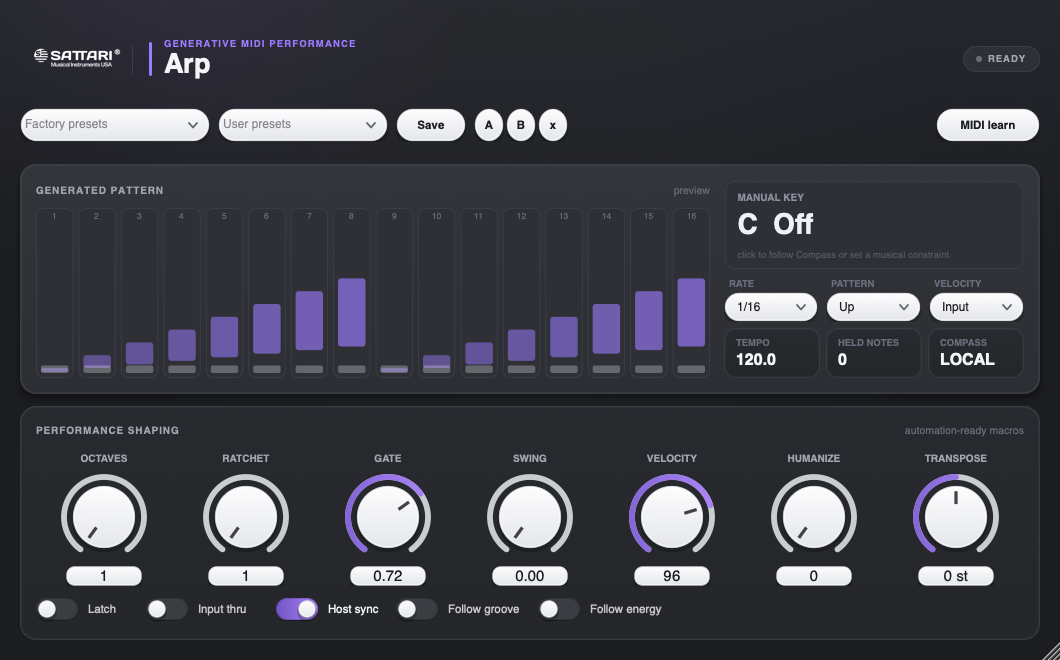 Sattari Arp key-aware arpeggiator interface